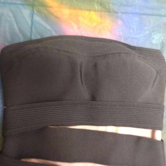 ❤️CELINE PARIS Runway Black / Tan Bandage Bodycon Strapless Wiggle Dress Small - Picture 10 of 10